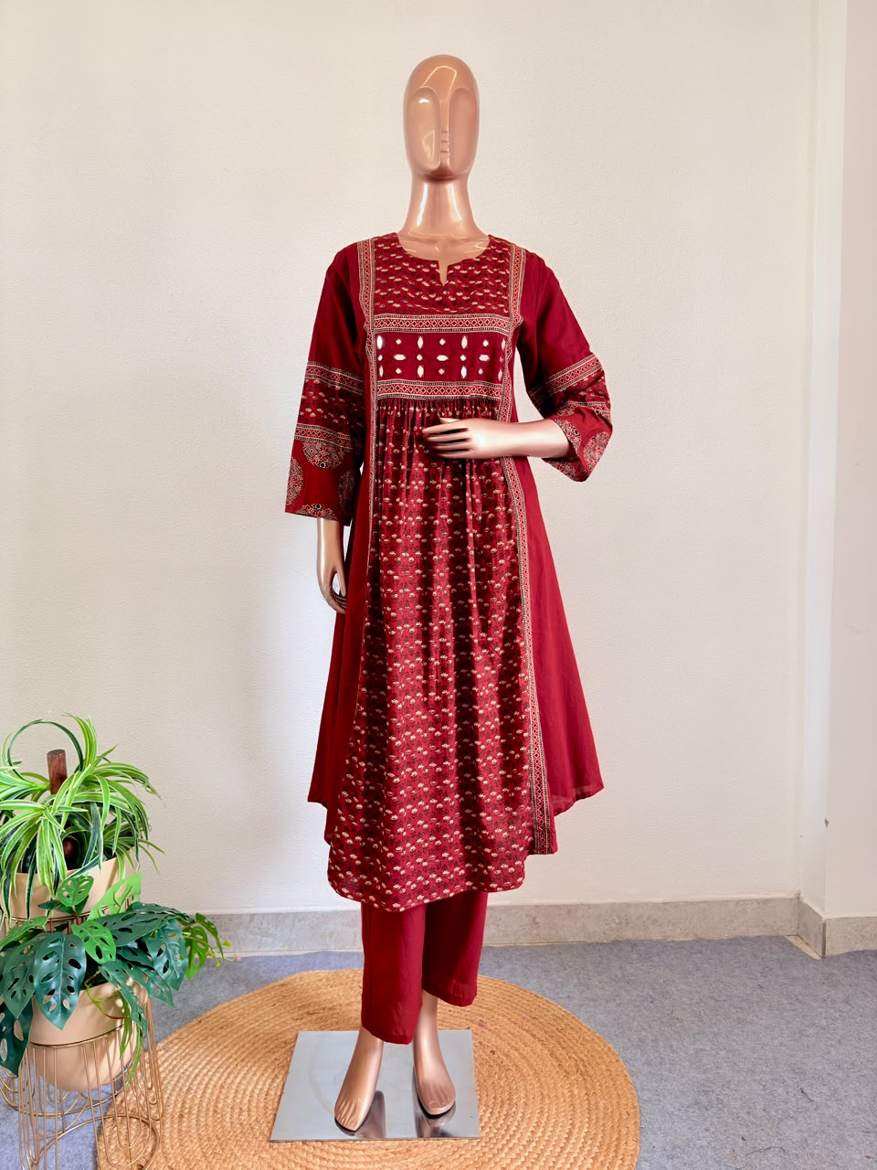 Mirror Work Paneled Ajrakh Print Suit Set with Dupatta
