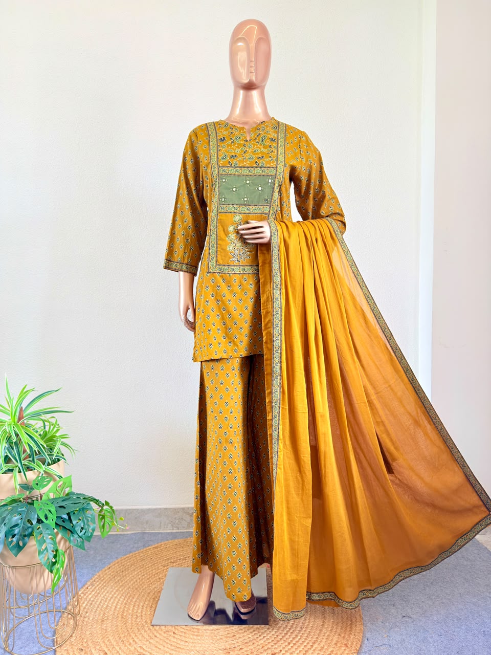 Mirror Work Paneled Booti Print Short Kurta Set with Dupatta & Palazzo