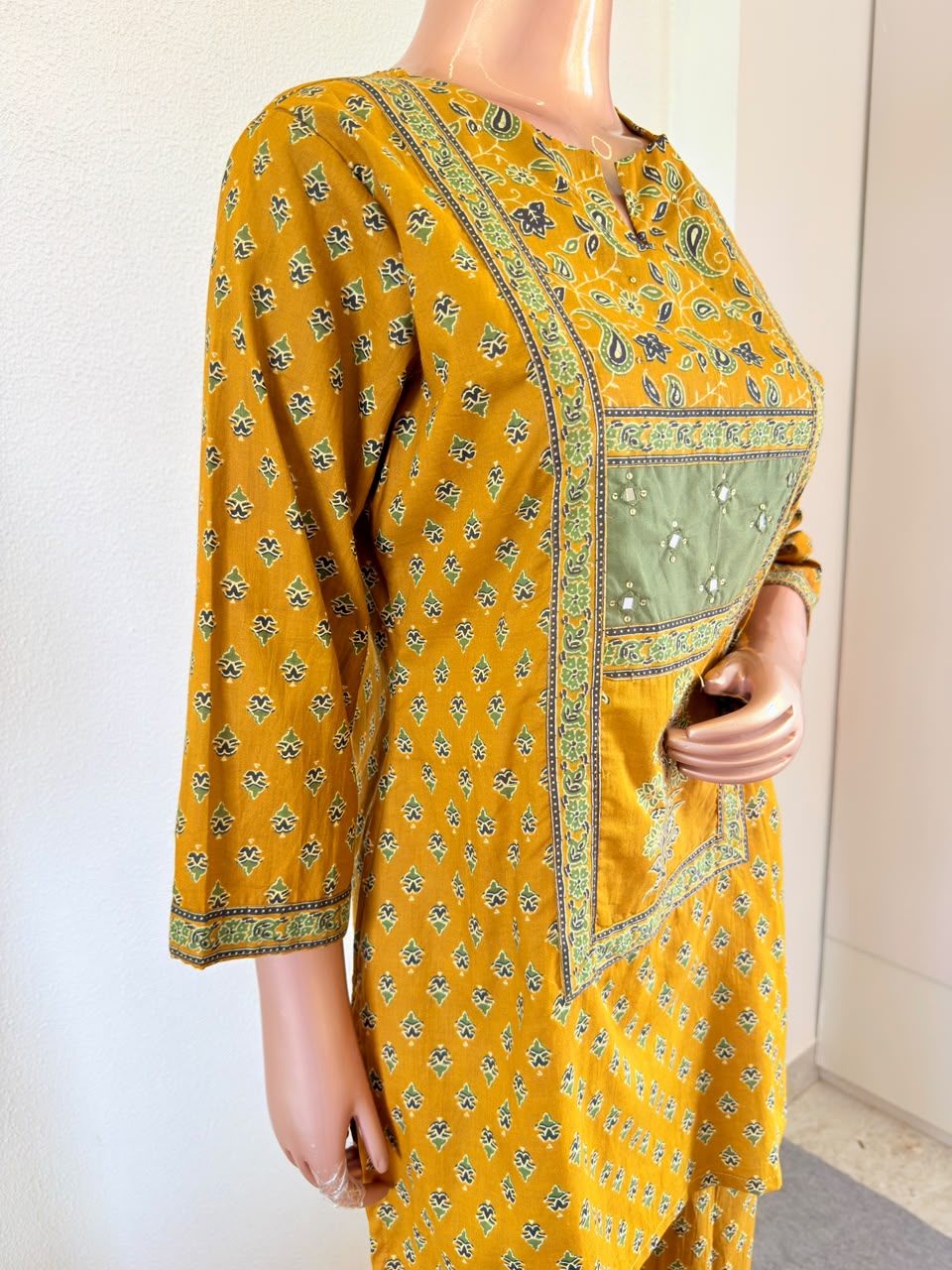 Mirror Work Paneled Booti Print Short Kurta Set with Dupatta & Palazzo