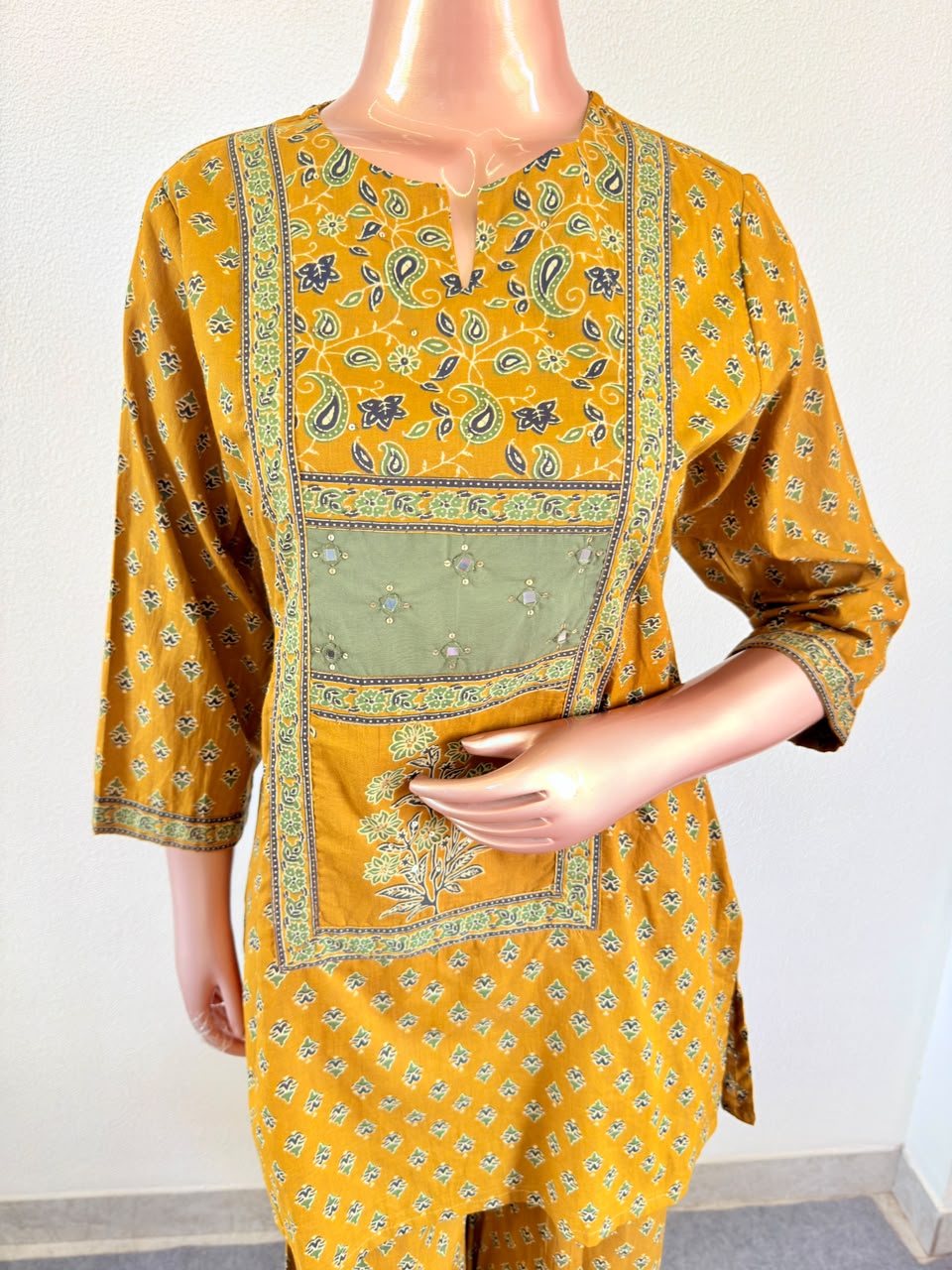 Mirror Work Paneled Booti Print Short Kurta Set with Dupatta & Palazzo