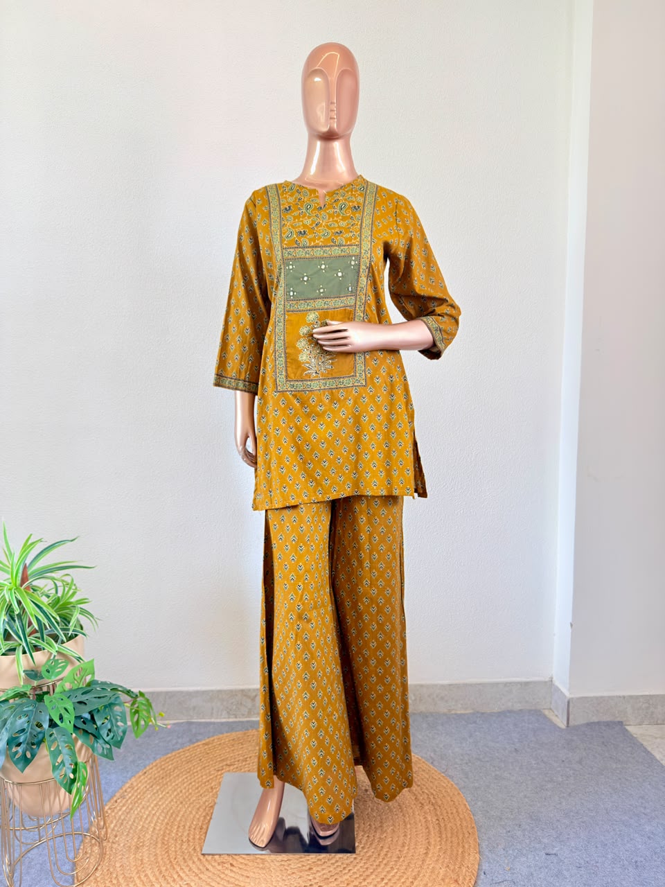 Mirror Work Paneled Booti Print Short Kurta Set with Dupatta & Palazzo