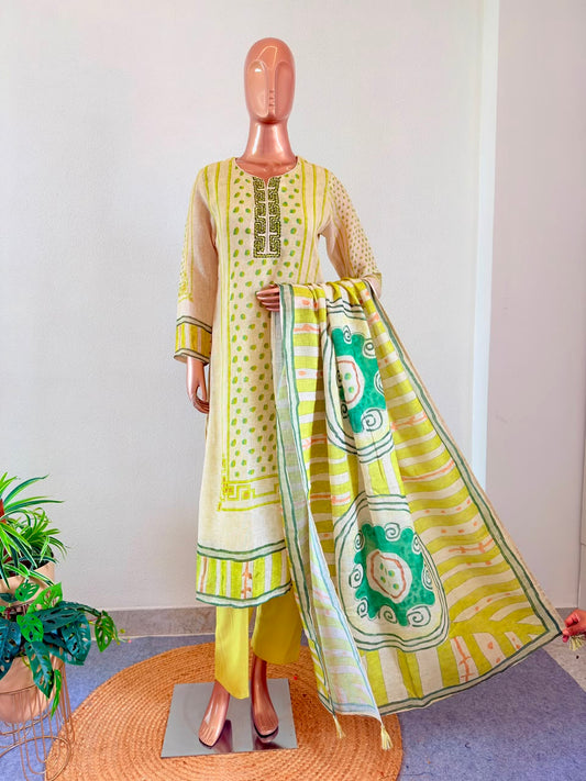 Geometric Print Linen Suit Set with Dupatta