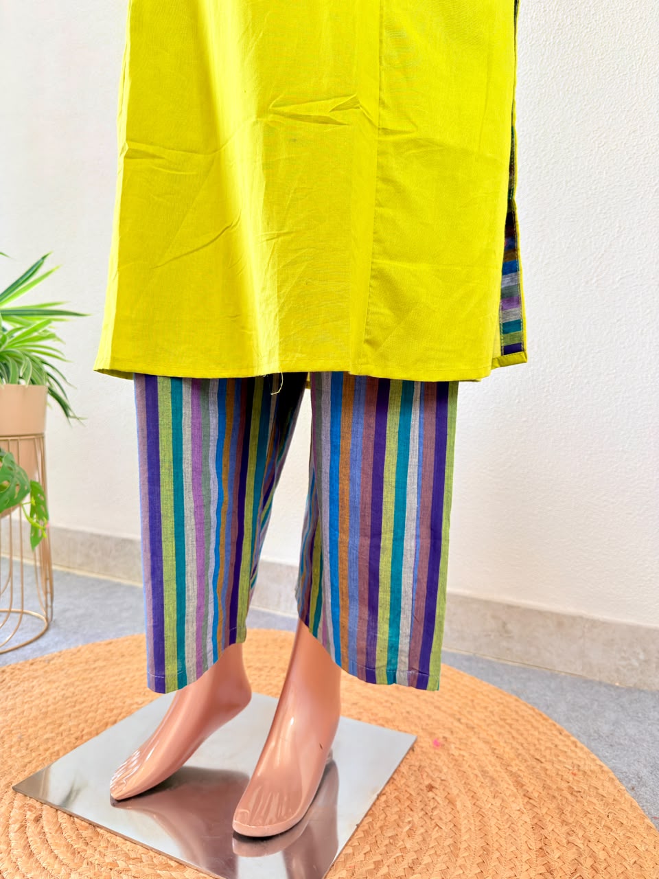 Lime Green Embroidered Sleeveless Kurti with Striped Pants