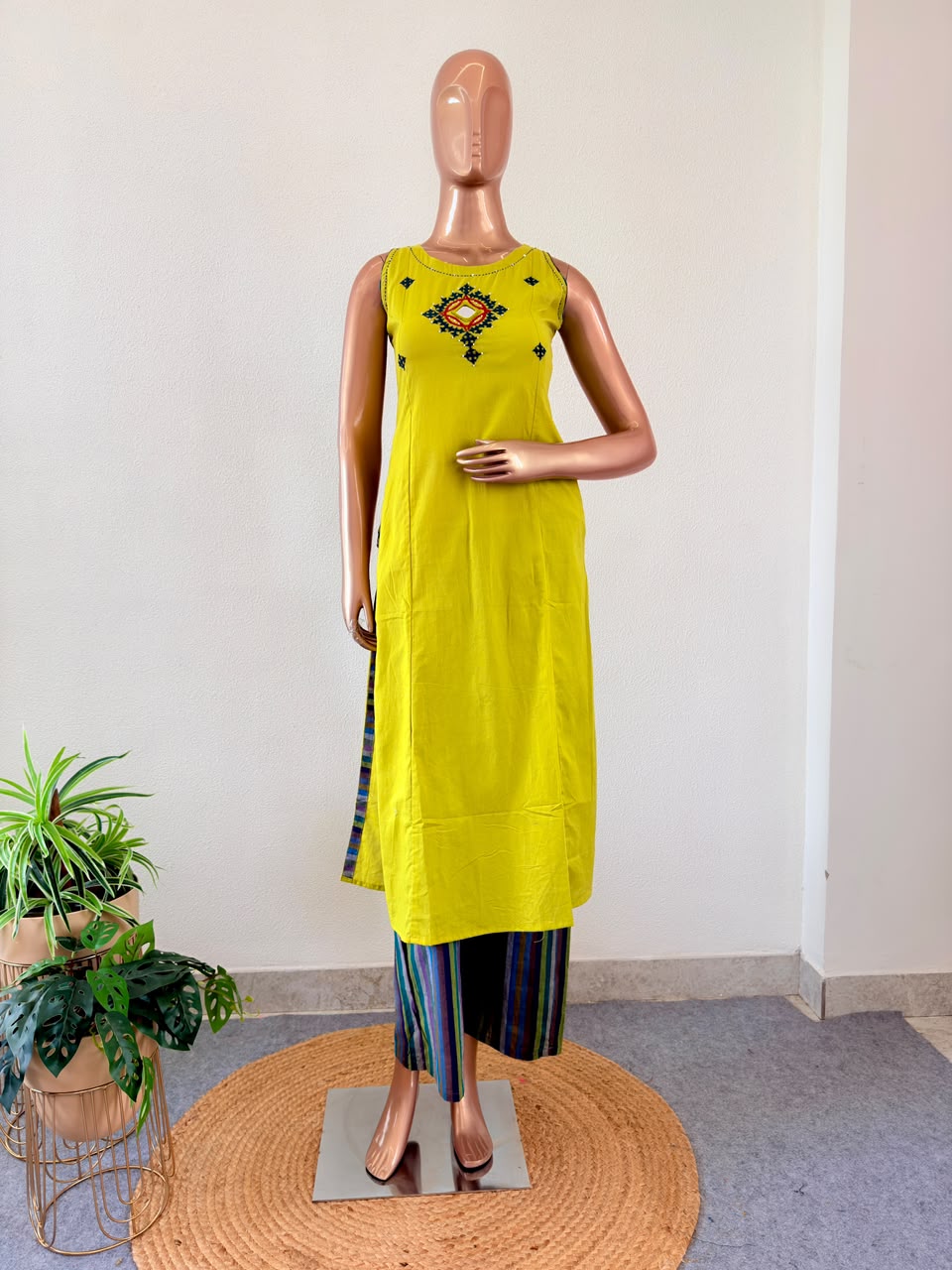 Lime Green Embroidered Sleeveless Kurti with Striped Pants