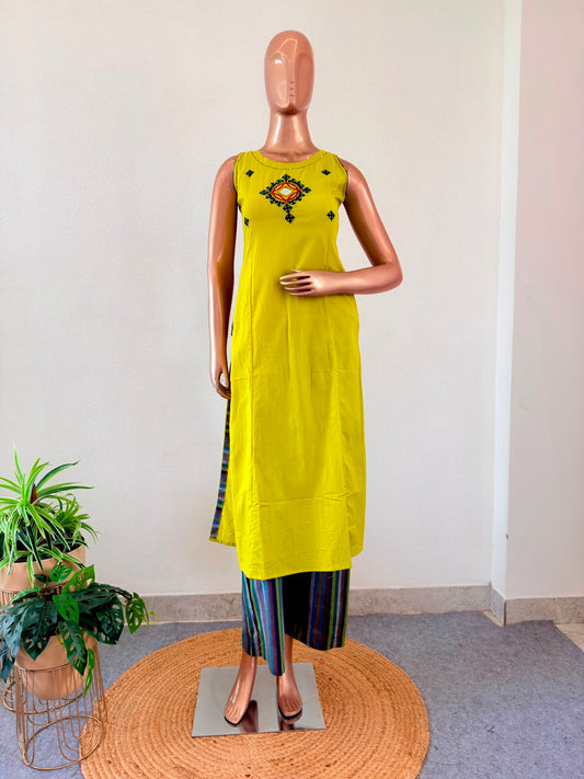 Lime Green Embroidered Sleeveless Kurti with Striped Pants