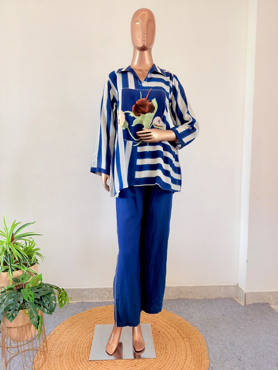 Floral Applique Cotton Flex Striped Co-ord Set
