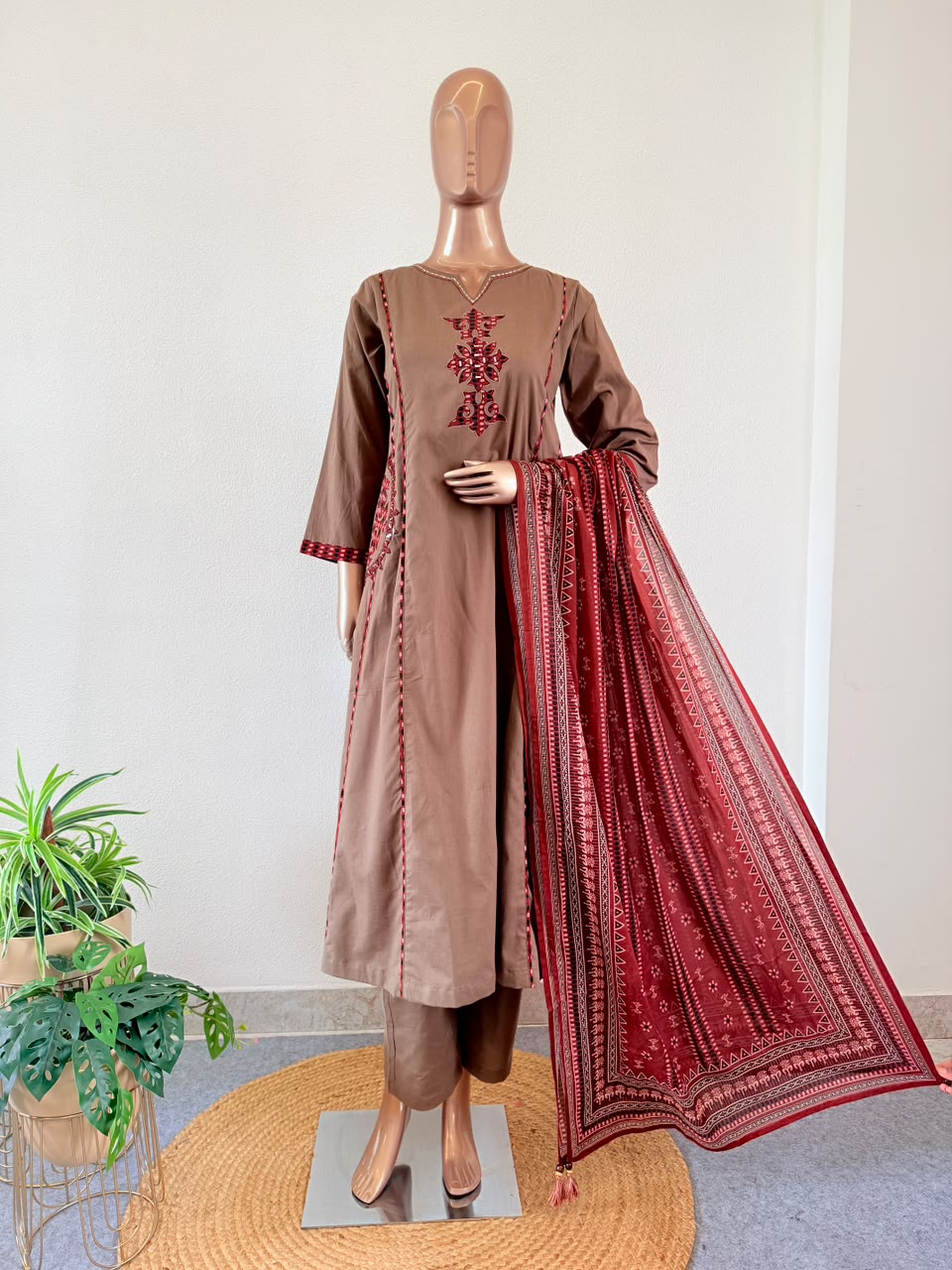 Gamthi style Applique & Mirror Work A-Line Suit Set with contrast dupatta
