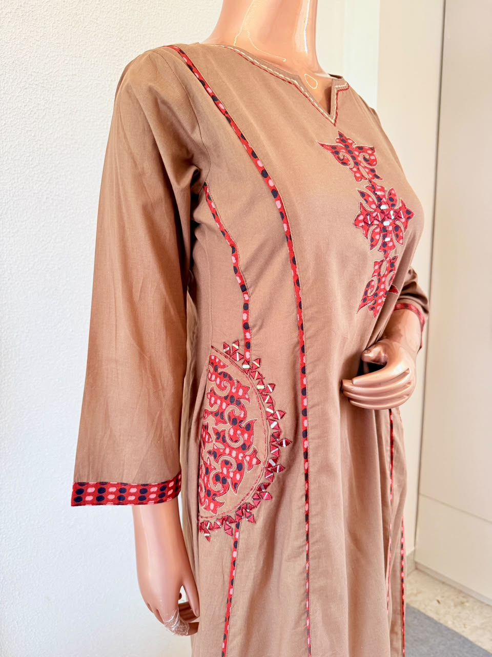 Gamthi style Applique & Mirror Work A-Line Suit Set with contrast dupatta