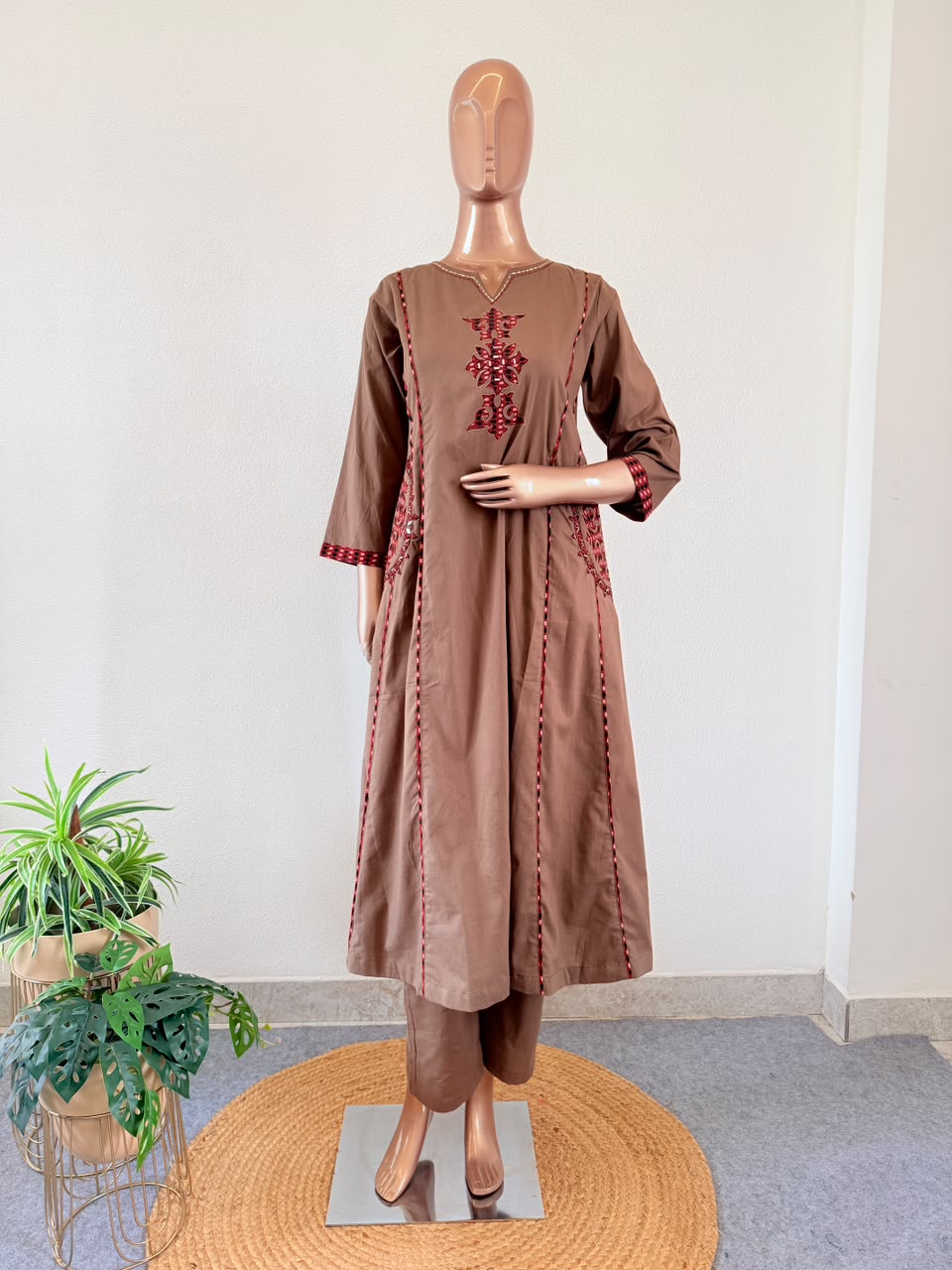 Gamthi style Applique & Mirror Work A-Line Suit Set with contrast dupatta