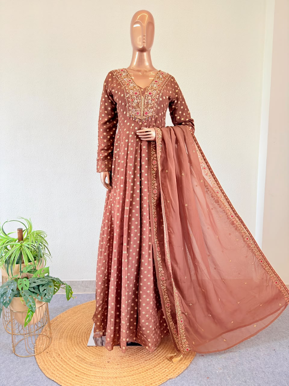Zardozi Heavy Embellished V-Neck Anarkali Gown with Dupatta