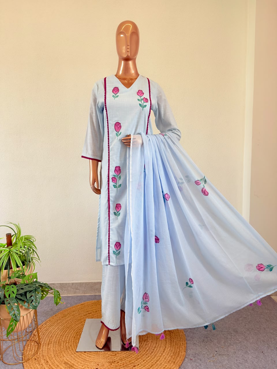 Hand-Painted Floral Powder Blue Kurta Set with Contrast Lace & Kota Dupatta