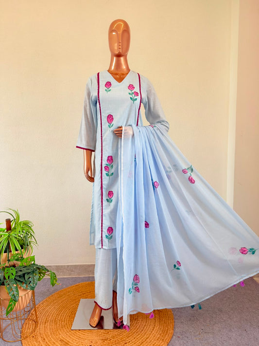 Hand-Painted Floral Powder Blue Kurta Set with Contrast Lace & Kota Dupatta
