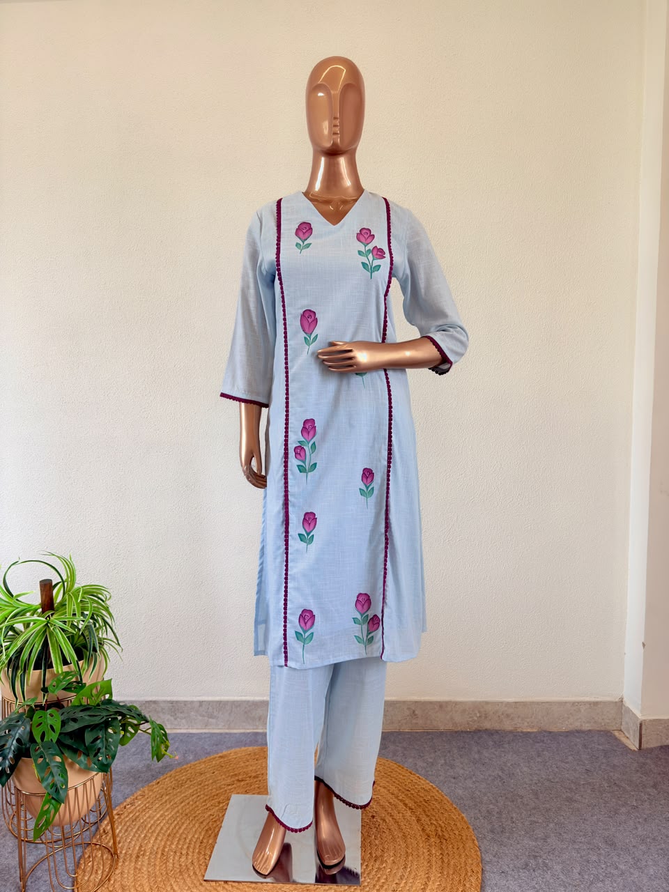 Hand-Painted Floral Powder Blue Kurta Set with Contrast Lace & Kota Dupatta