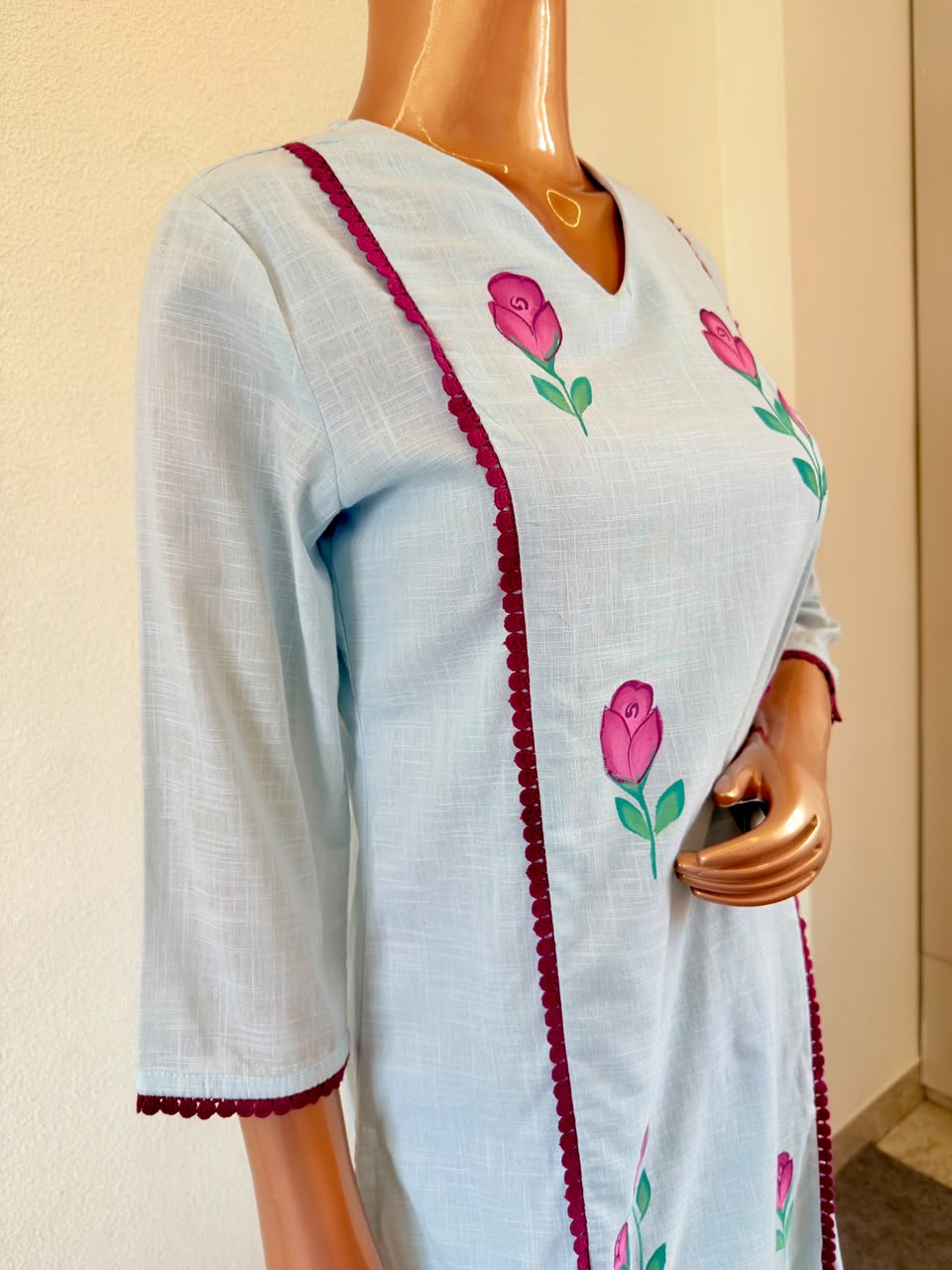 Hand-Painted Floral Powder Blue Kurta Set with Contrast Lace & Kota Dupatta