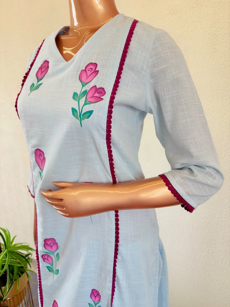 Hand-Painted Floral Powder Blue Kurta Set with Contrast Lace & Kota Dupatta