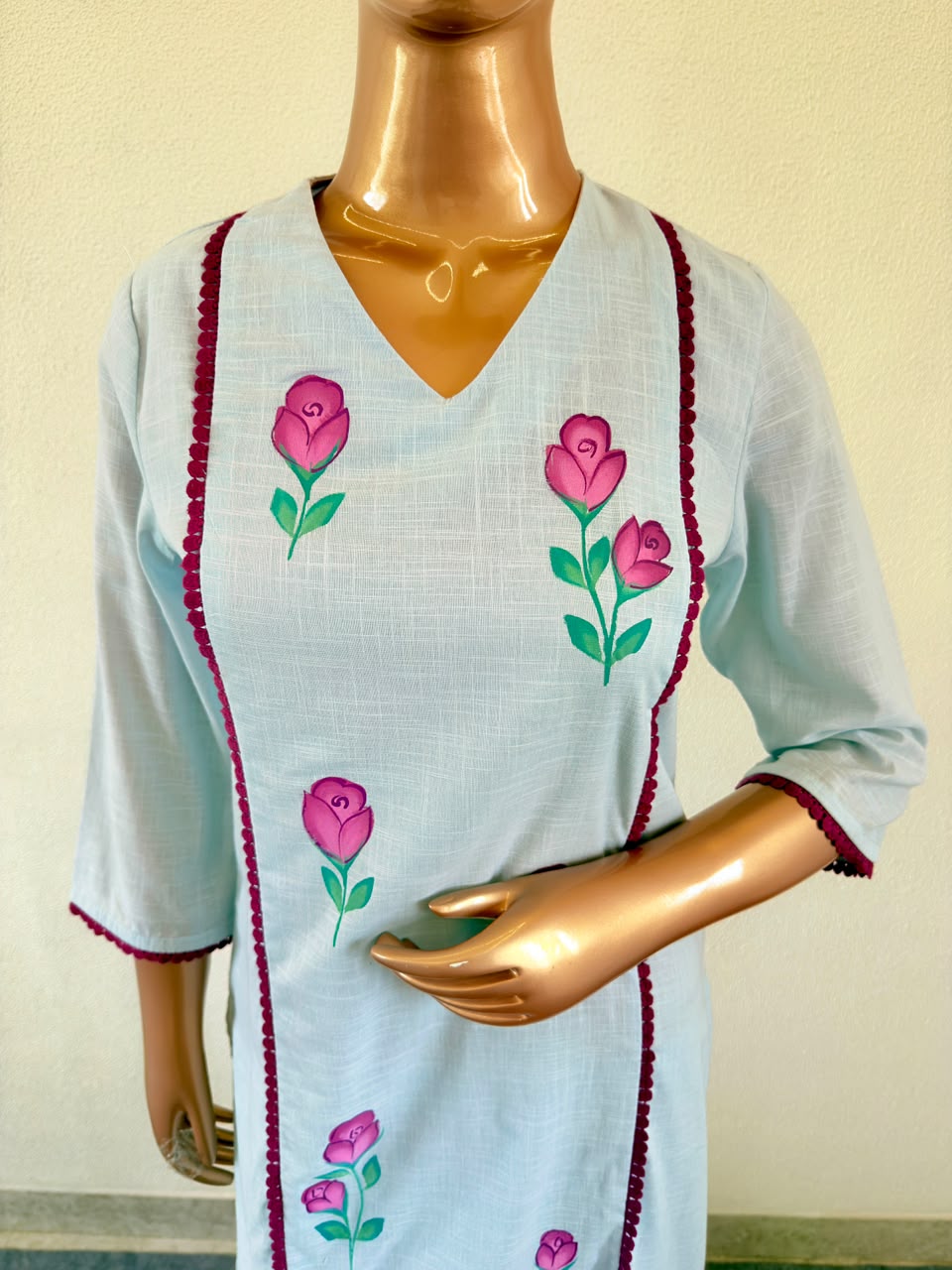 Hand-Painted Floral Powder Blue Kurta Set with Contrast Lace & Kota Dupatta