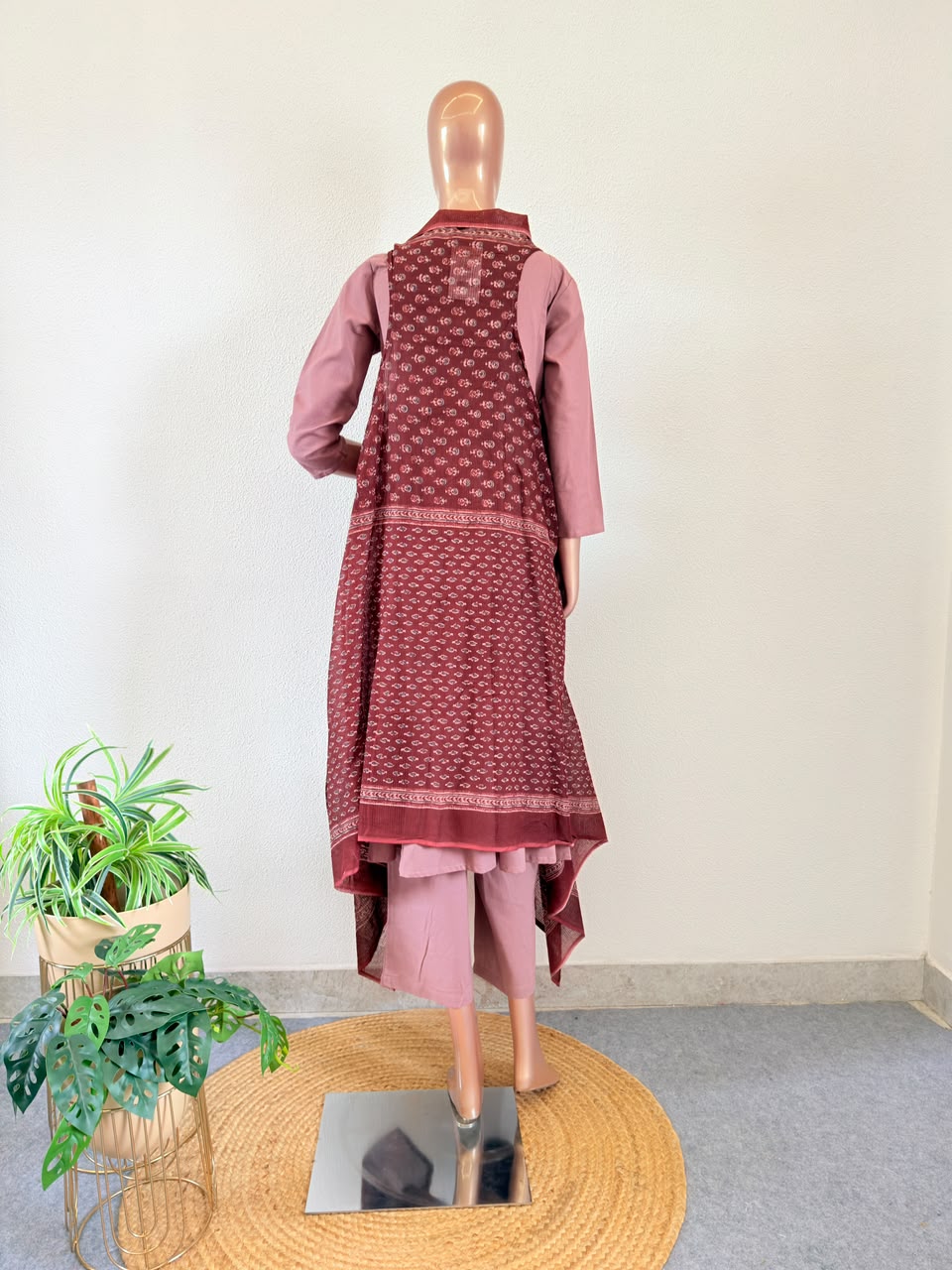 Solid Round-Neck Kurta Set with Ajrakh Block Print Jacket