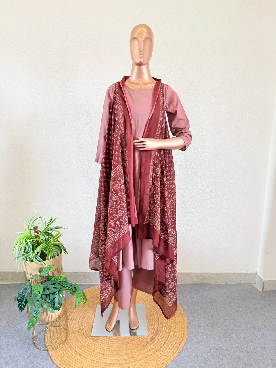 Solid Round-Neck Kurta Set with Ajrakh Block Print Jacket