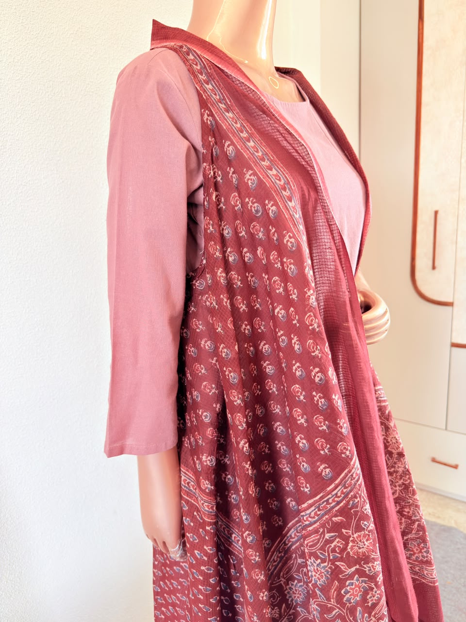Solid Round-Neck Kurta Set with Ajrakh Block Print Jacket
