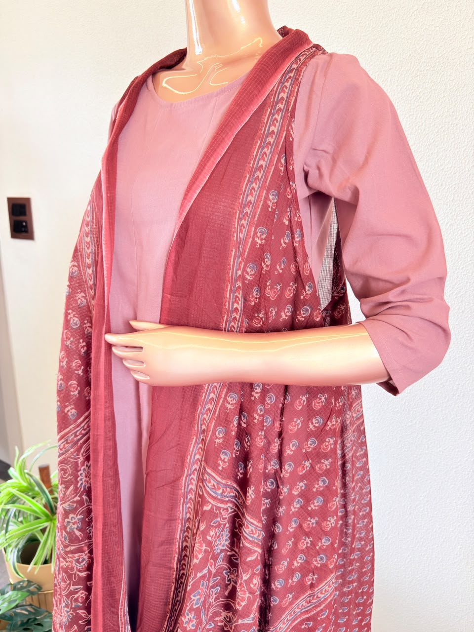 Solid Round-Neck Kurta Set with Ajrakh Block Print Jacket
