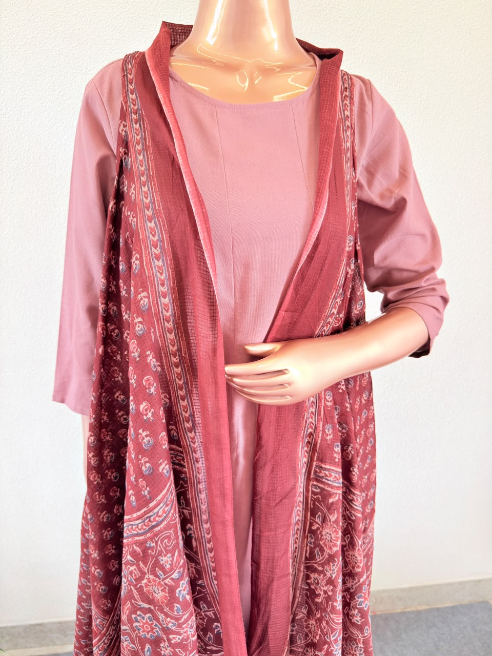 Solid Round-Neck Kurta Set with Ajrakh Block Print Jacket
