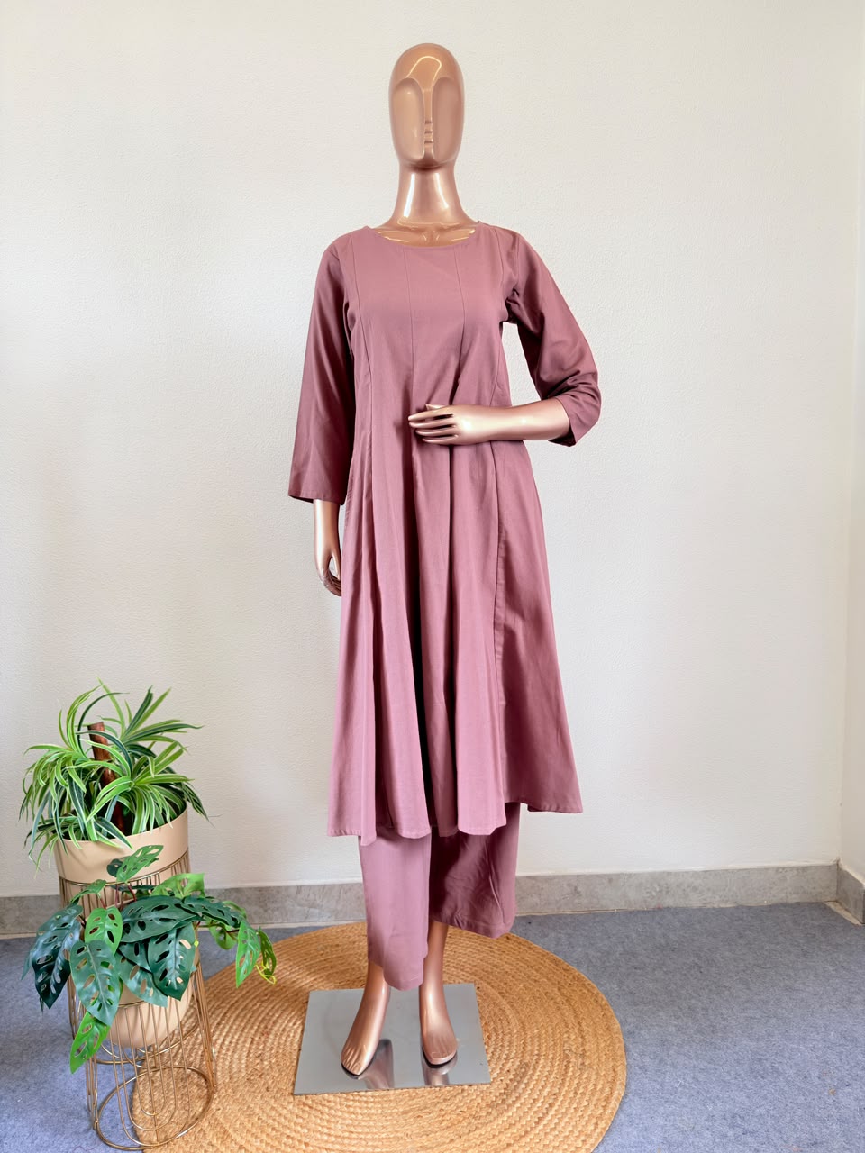 Solid Round-Neck Kurta Set with Ajrakh Block Print Jacket