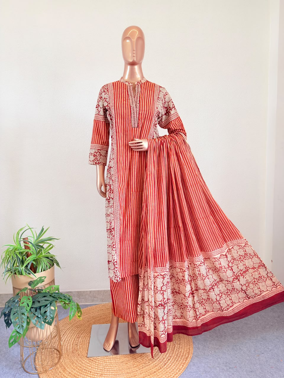 Cotton Block Print Suit Set with Striped Trousers & Dupatta