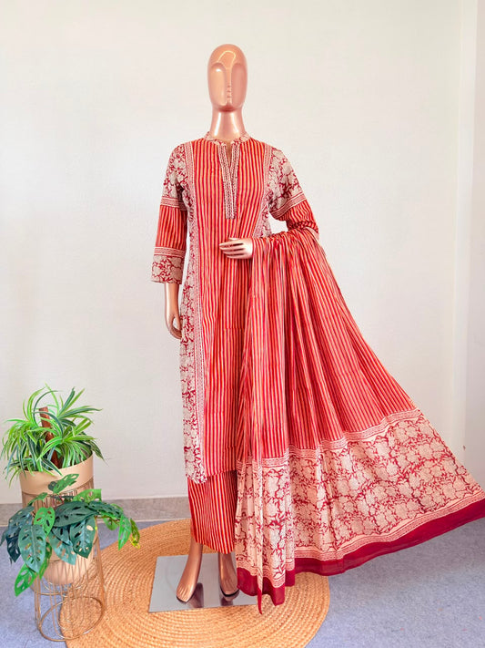 Cotton Block Print Suit Set with Striped Trousers & Dupatta