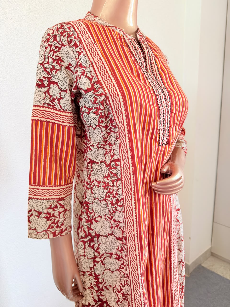 Cotton Block Print Suit Set with Striped Trousers & Dupatta