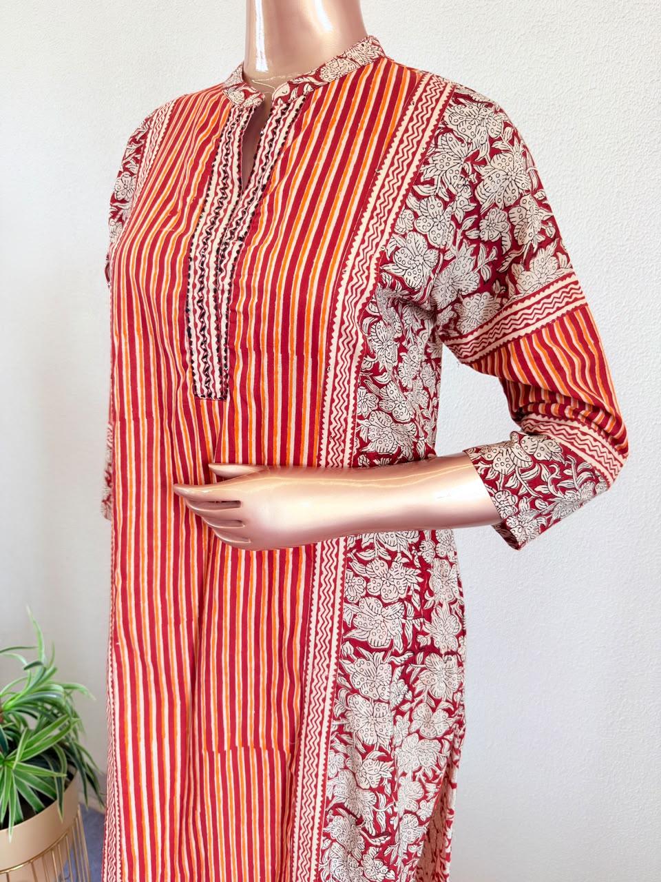 Cotton Block Print Suit Set with Striped Trousers & Dupatta