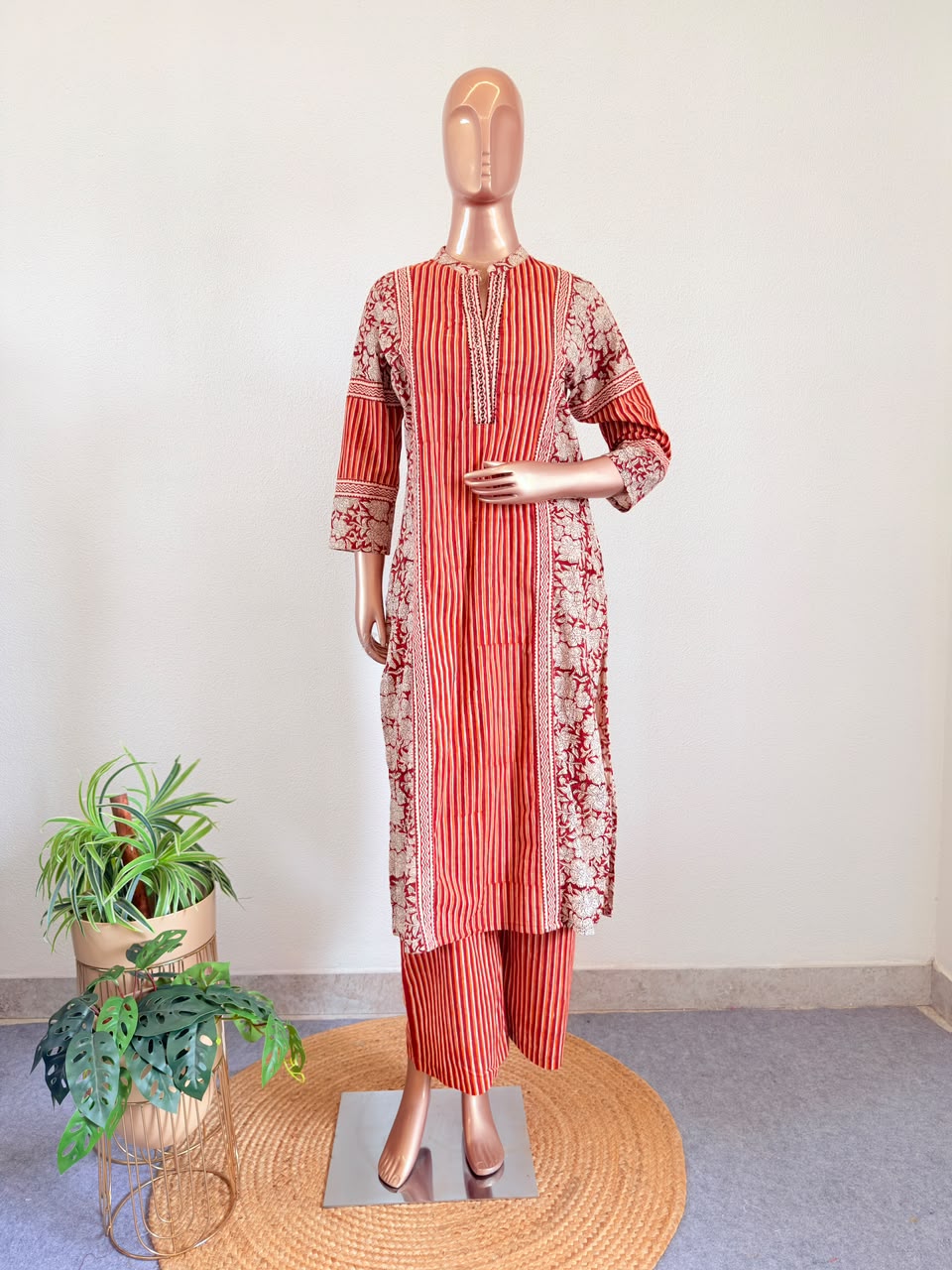 Cotton Block Print Suit Set with Striped Trousers & Dupatta
