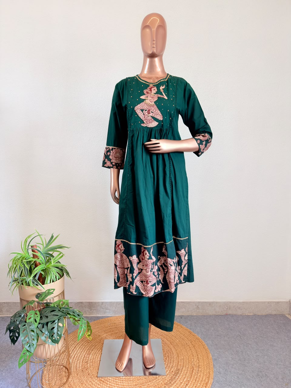 Kalamkari Classical Dancer Embroidered A-Line Side Cut Suit Set with Dupatta - Green