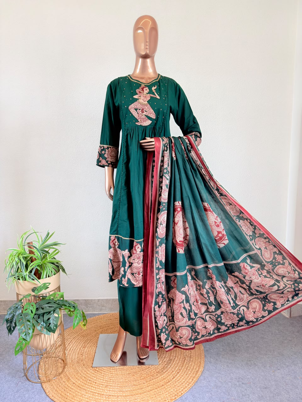 Kalamkari Classical Dancer Embroidered A-Line Side Cut Suit Set with Dupatta - Green