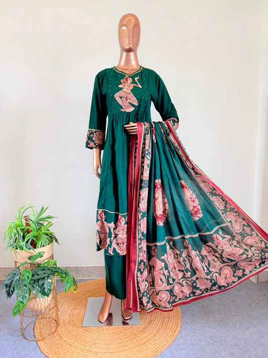 Kalamkari Classical Dancer Embroidered A-Line Side Cut Suit Set with Dupatta - Green