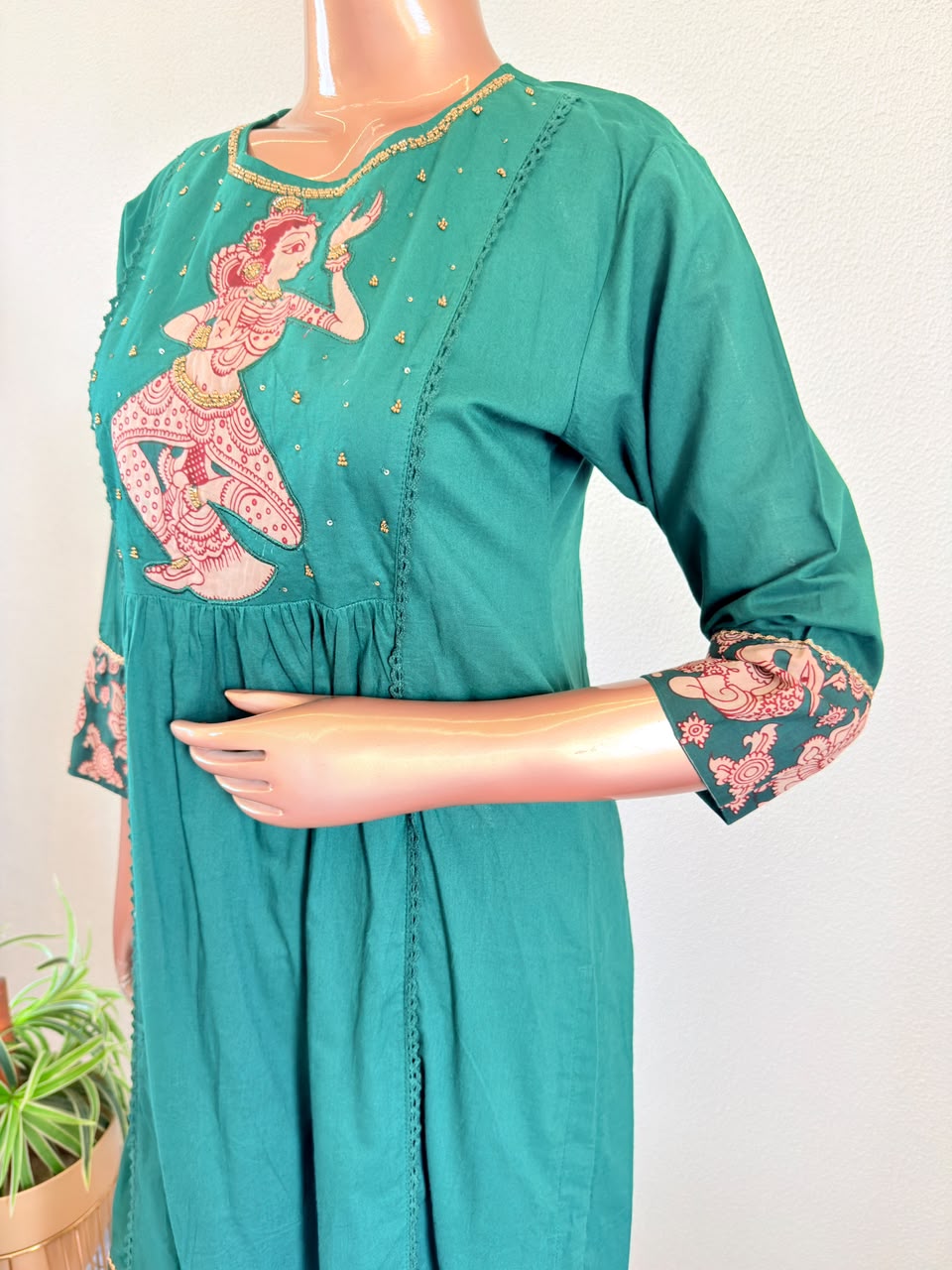 Kalamkari Classical Dancer Embroidered A-Line Side Cut Suit Set with Dupatta - Green