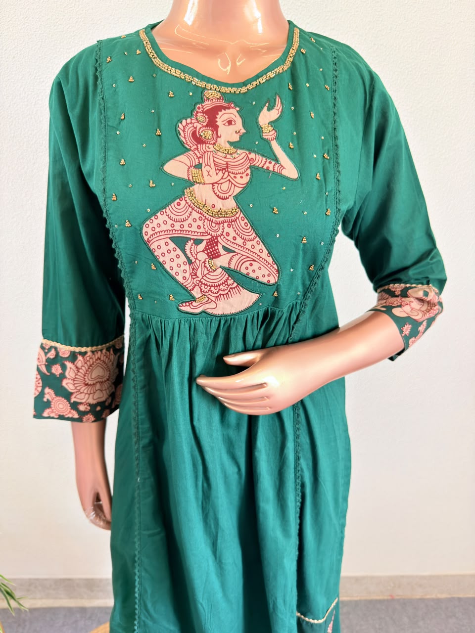 Kalamkari Classical Dancer Embroidered A-Line Side Cut Suit Set with Dupatta - Green
