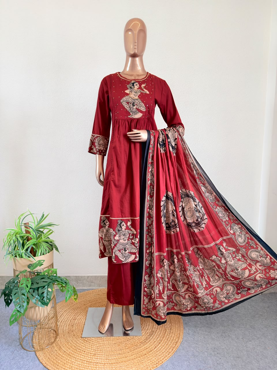 Kalamkari Classical Dancer Embroidered A-Line Side Cut Suit Set with Dupatta - Red