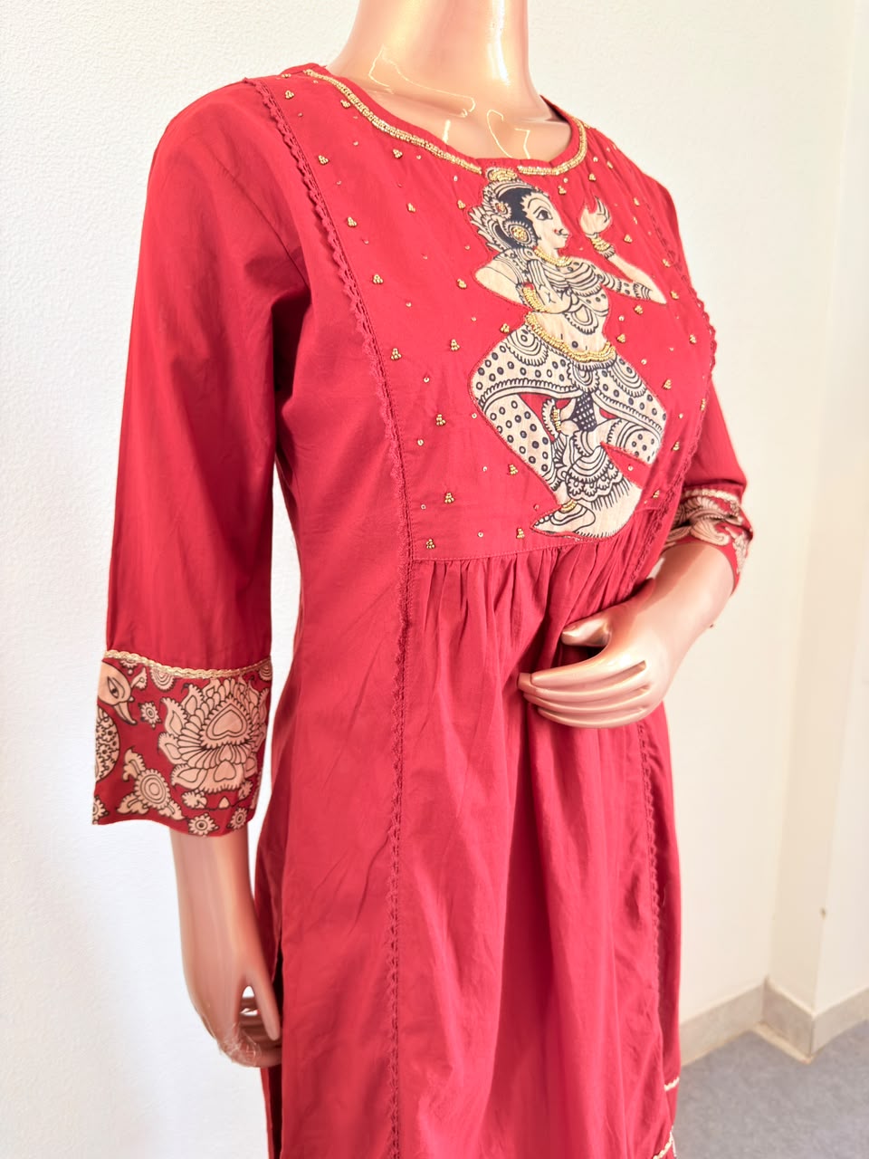 Kalamkari Classical Dancer Embroidered A-Line Side Cut Suit Set with Dupatta - Red
