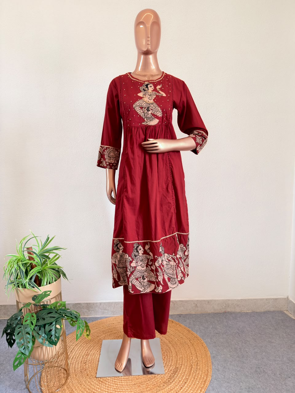 Kalamkari Classical Dancer Embroidered A-Line Side Cut Suit Set with Dupatta - Red