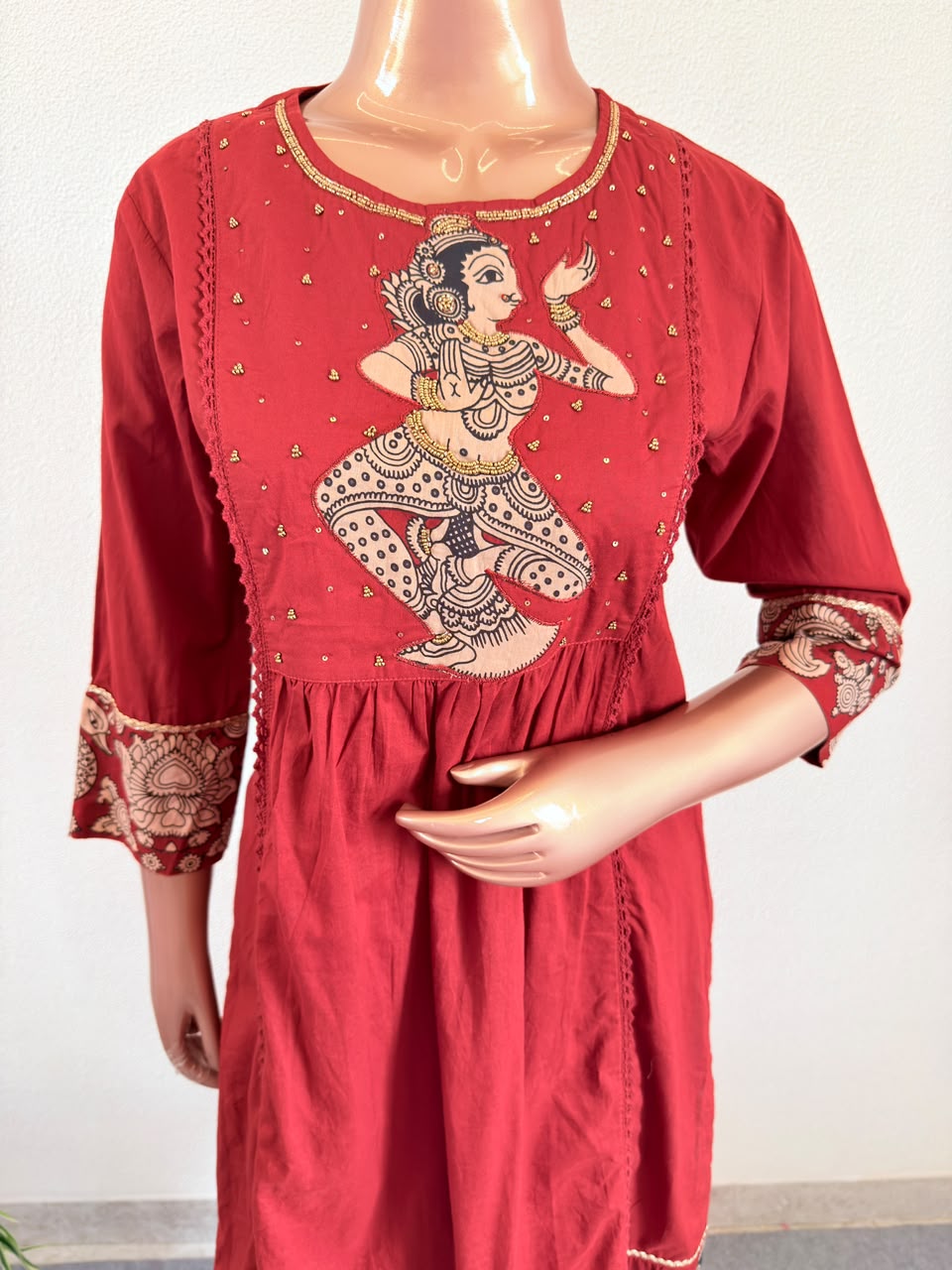 Kalamkari Classical Dancer Embroidered A-Line Side Cut Suit Set with Dupatta - Red