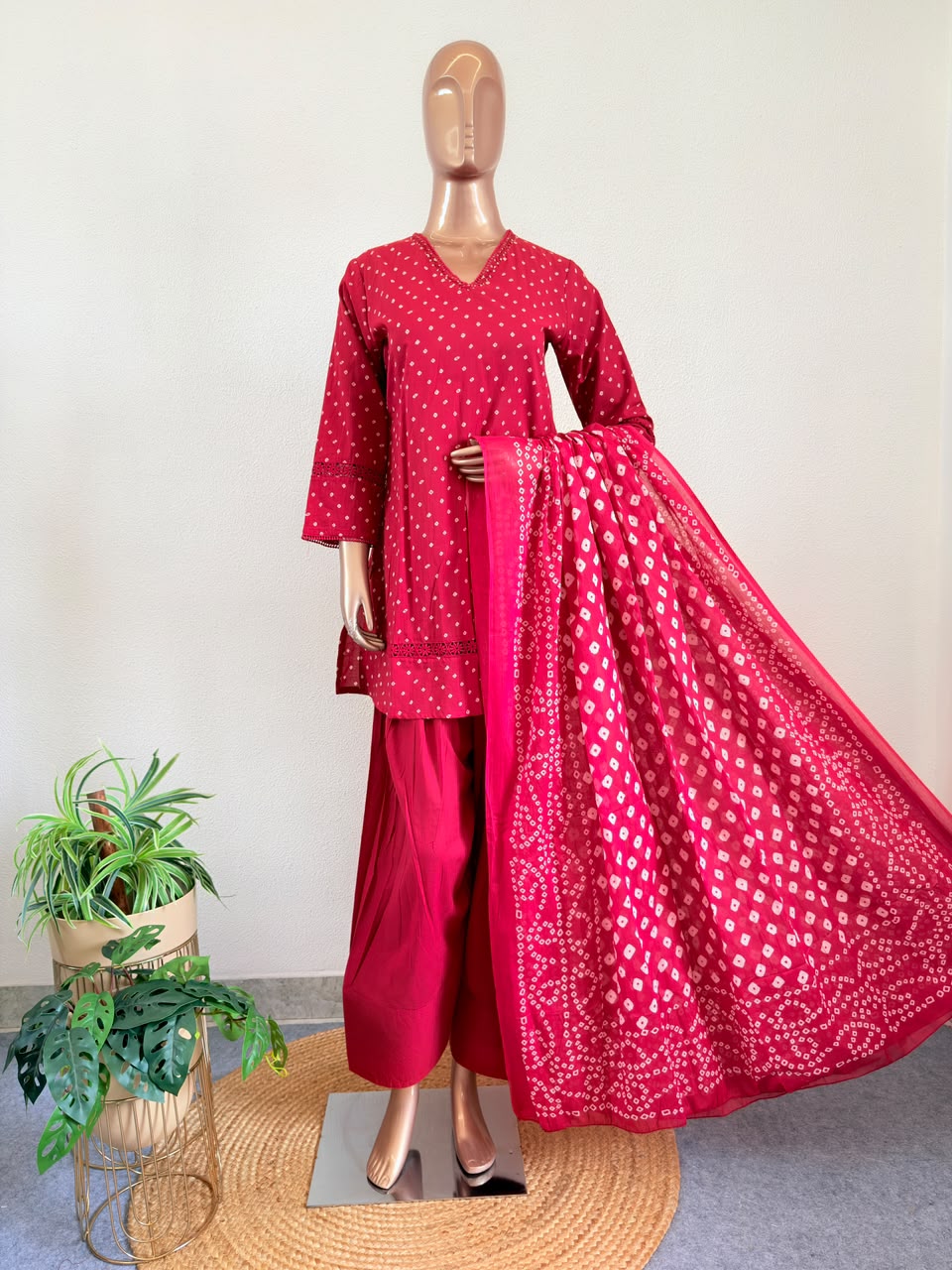 Bandhani Print V-Neck Short Kurta Set with Farshi Salwar & Dupatta