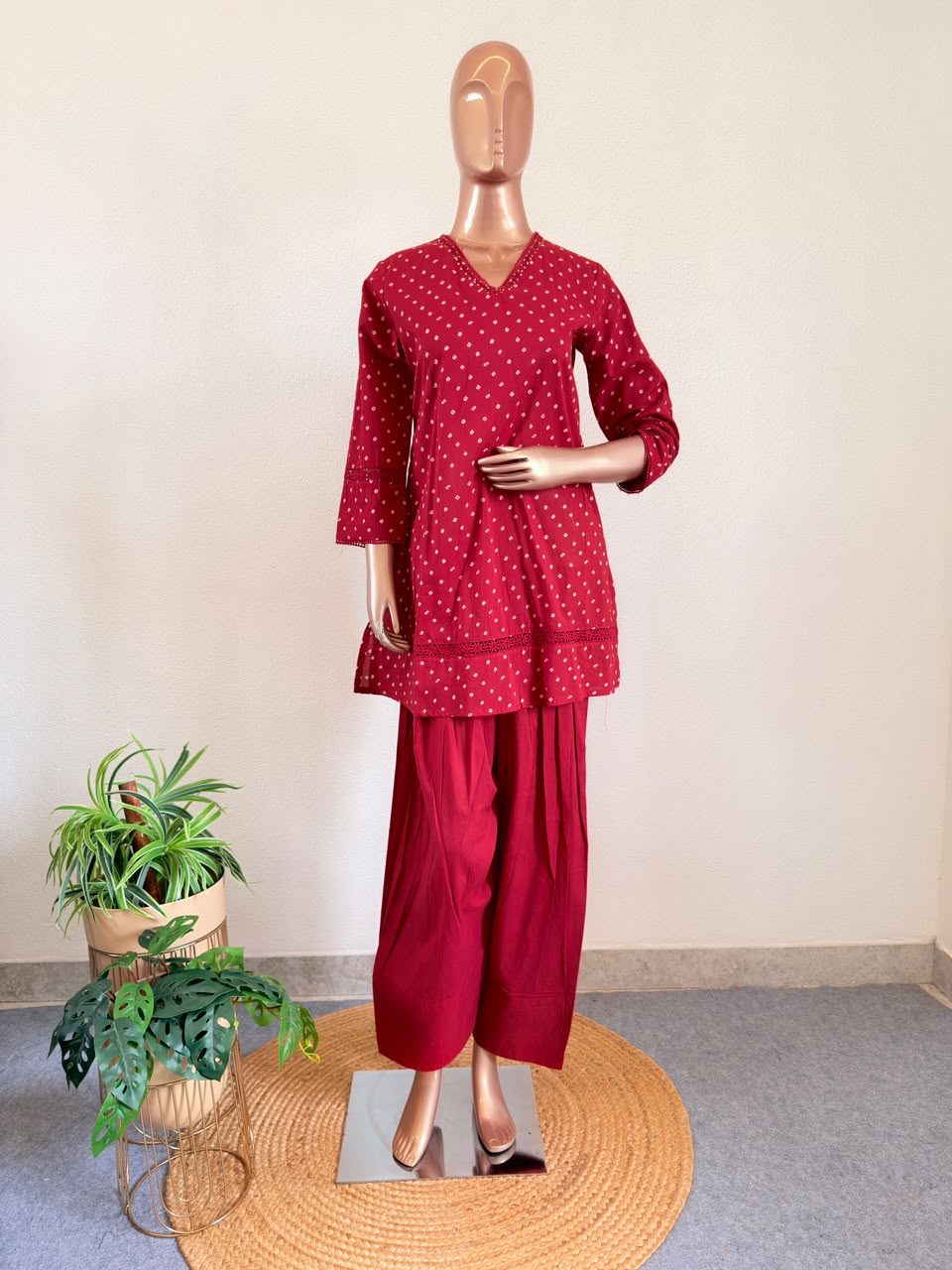 Bandhani Print V-Neck Short Kurta Set with Farshi Salwar & Dupatta