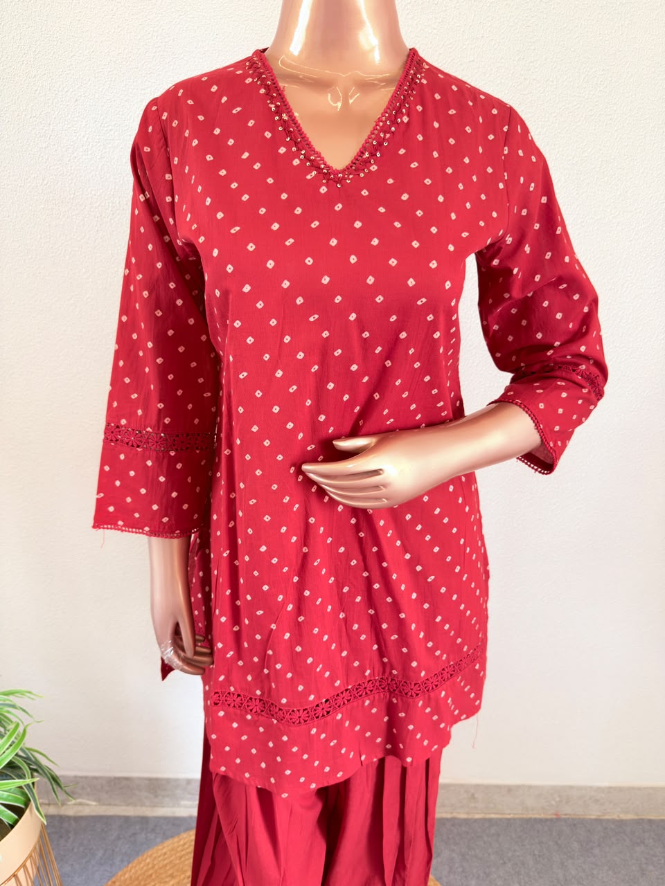 Bandhani Print V-Neck Short Kurta Set with Farshi Salwar & Dupatta