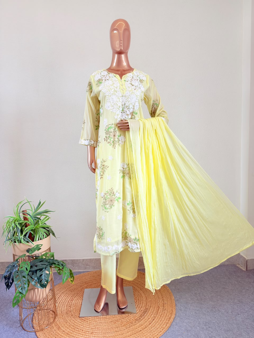 Floral Print Mul Cotton Suit Set with Aari work - Yellow