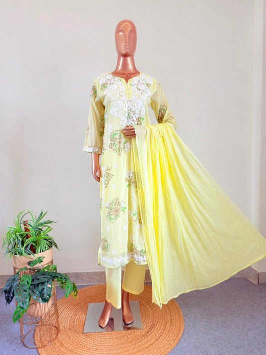 Floral Print Mul Cotton Suit Set with Aari work - Yellow