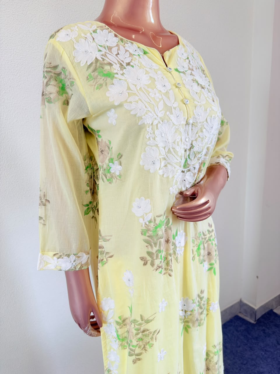 Floral Print Mul Cotton Suit Set with Aari work - Yellow