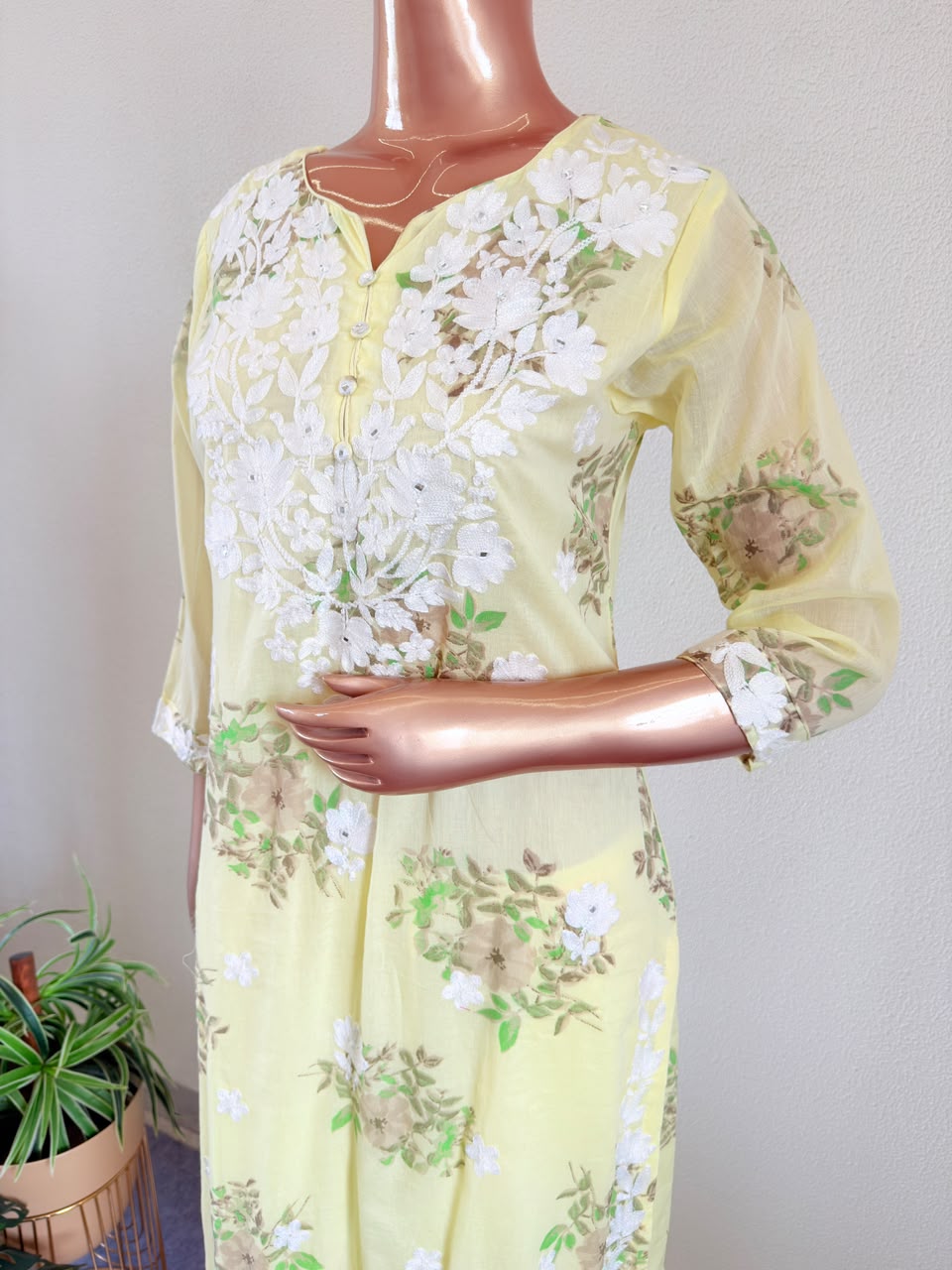 Floral Print Mul Cotton Suit Set with Aari work - Yellow