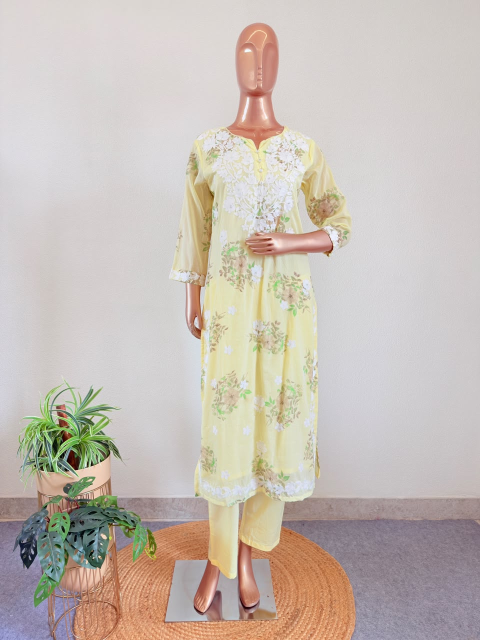 Floral Print Mul Cotton Suit Set with Aari work - Yellow