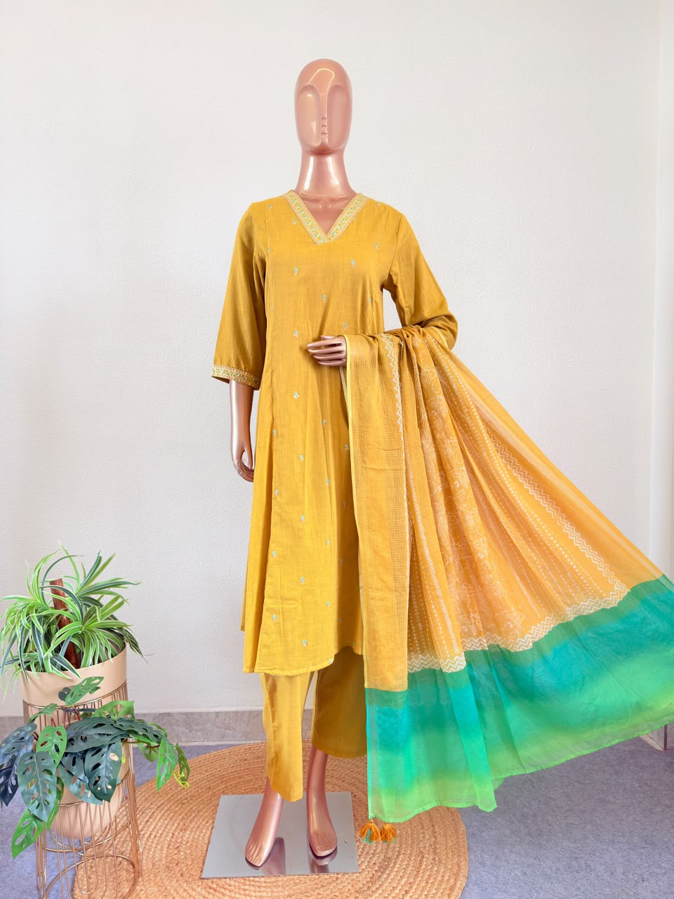 Embroidered V-Neck A-Line Suit Set with Kota Doria Dupatta