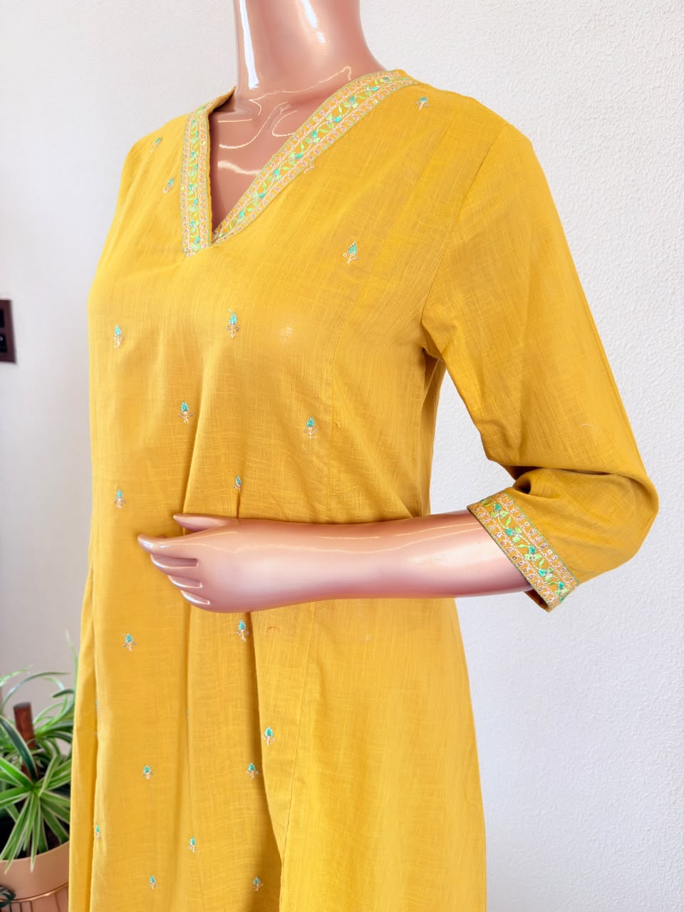 Embroidered V-Neck A-Line Suit Set with Kota Doria Dupatta